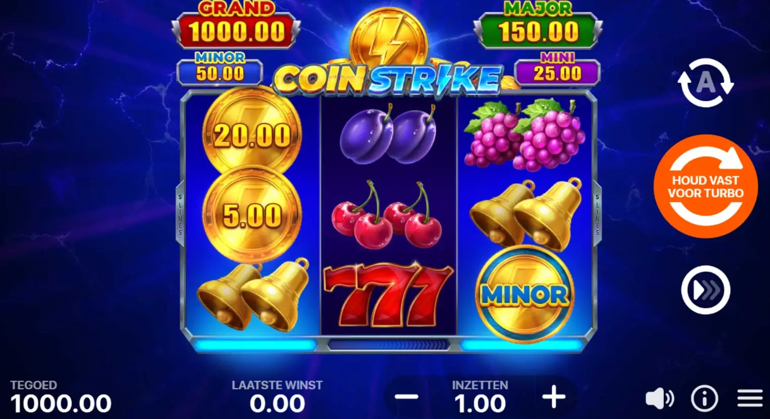 Coin Strike slot gameplay screen showing reels, symbols and jackpot values in NL.